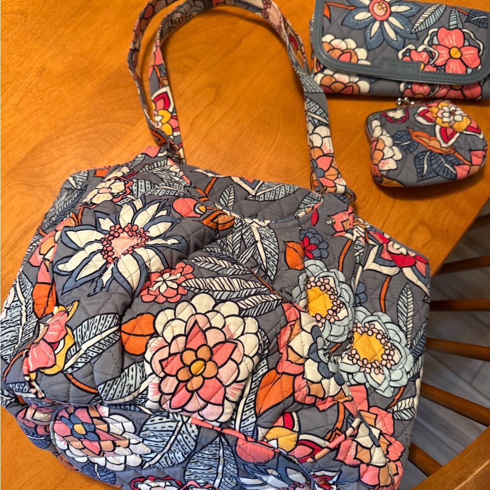 Vera Bradley Quilted Tote in Gray with Pink, Orange & Yellow Floral Print
